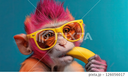 Funky monkey with colorful hair eating banana and wearing sunglasses 126056017