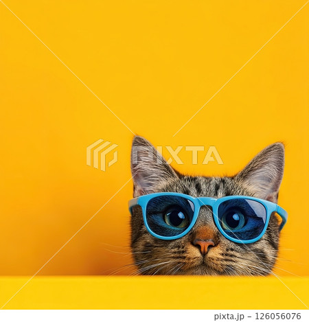 Stylish cat wearing blue sunglasses on vibrant yellow background Stylish cat wearing blue sunglasses on vibrant yellow background 126056076