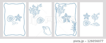 Marine elements doodle style poster set blue la dolce vita. Italian style. Undersea world. Menu design of postcard and poster. Vector illustration. Marine elements doodle style poster set blue la dolce vita. Italian style. Undersea world. Menu design of postcard and poster. Vector illustration. 126056077