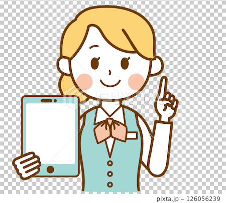一位女接待員拿著平板電腦並解釋的插圖 一位女接待員拿著平板電腦並解釋的插圖 126056239