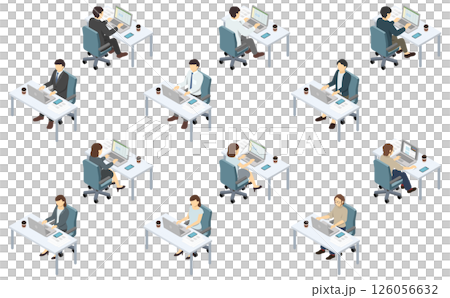 等距插圖：一個人在辦公桌上使用電腦工作 126056632