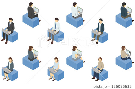 アイソメトリックイラスト:膝の上にパソコンを置いて仕事する人 アイソメトリックイラスト:膝の上にパソコンを置いて仕事する人 126056633