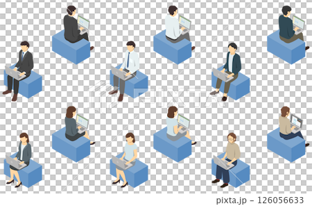 アイソメトリックイラスト:膝の上にパソコンを置いて仕事する人 アイソメトリックイラスト:膝の上にパソコンを置いて仕事する人 126056633