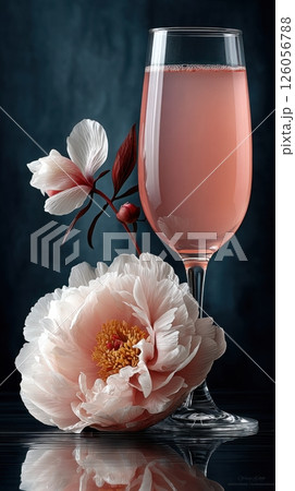 Pink peony flower and elegant glass of rose wine reflecting on dark surface 126056788