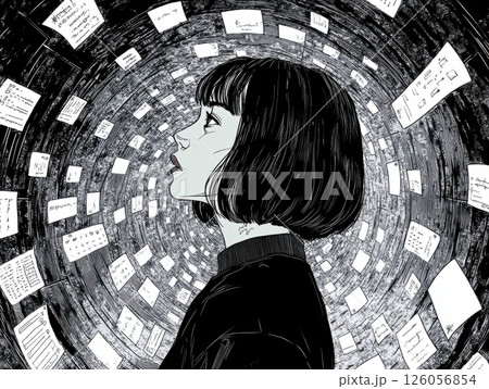 Young woman feeling overwhelmed by information overload in black and white drawing 126056854