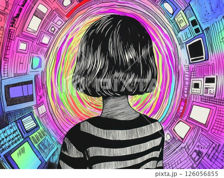 Woman feeling overwhelmed by information overload in modern society 126056855