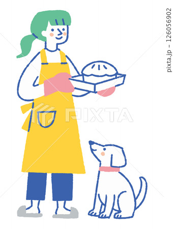 手作りケーキを持つ女性と見上げる犬_色 126056902