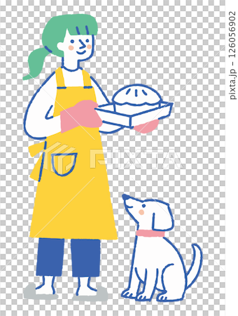 A woman holding a homemade cake and a dog looking up_Color 126056902