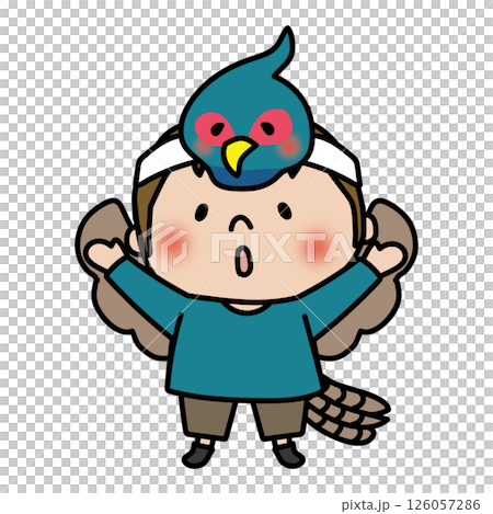 A boy wearing a pheasant mask at a play 126057286