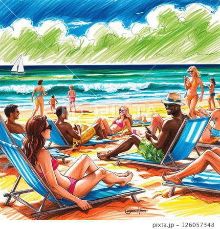 多くの人で賑わう夏の海水浴場 126057348