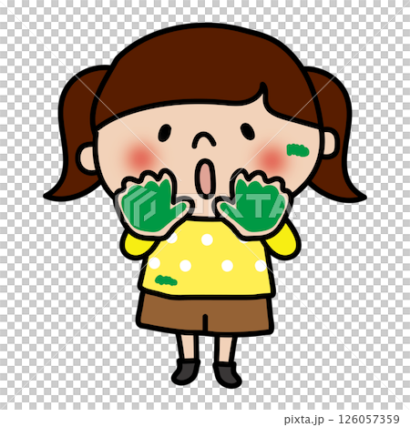 手や顔に絵の具が付いている子供(女の子2) 手や顔に絵の具が付いている子供(女の子2) 126057359