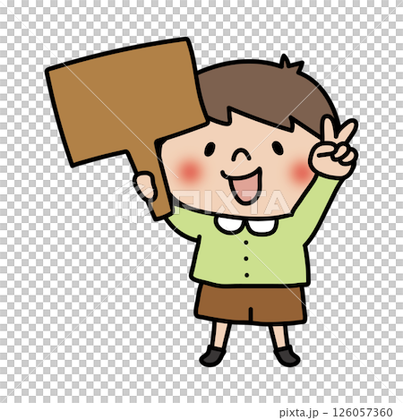 A boy holding a sign making a peace sign 126057360