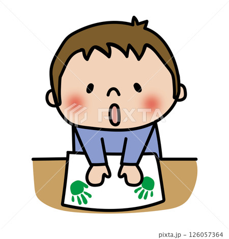 紙にペタペタ手形はんこをする子供(男の子1) 紙にペタペタ手形はんこをする子供(男の子1) 126057364