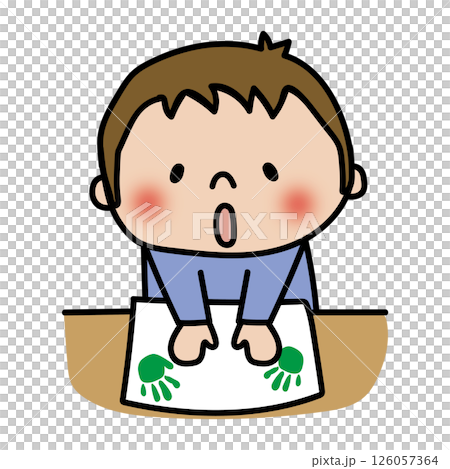 紙にペタペタ手形はんこをする子供(男の子1) 紙にペタペタ手形はんこをする子供(男の子1) 126057364