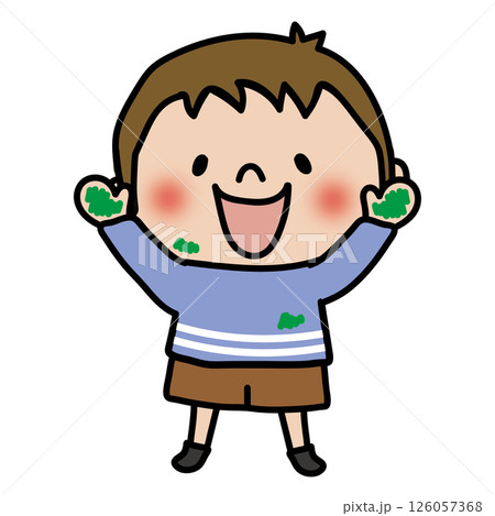 手や顔に絵の具が付いている子供（男の子1） 126057368