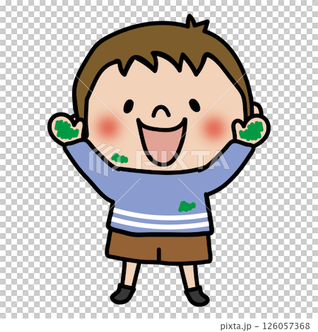 手や顔に絵の具が付いている子供（男の子1） 126057368