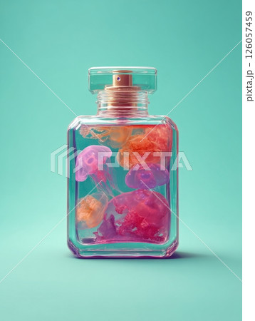 Jellyfish swimming in a perfume bottle on turquoise background 126057459