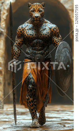 Powerful leopard warrior walking through ancient temple ruins 126057595