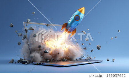 ノートパソコンから飛び出すロケットと爆発エフェクトビジネス爆上げ 126057622