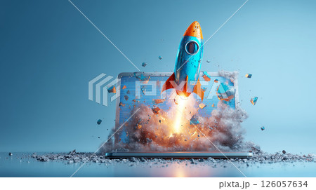 ノートパソコンから飛び出すロケットと爆発エフェクトビジネス爆上げ 126057634