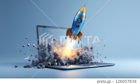ノートパソコンから飛び出すロケットと爆発エフェクトビジネス爆上げ 126057638