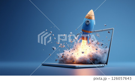 ノートパソコンから飛び出すロケットと爆発エフェクトビジネス爆上げ 126057643