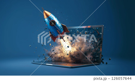 ノートパソコンから飛び出すロケットと爆発エフェクトビジネス爆上げ 126057644