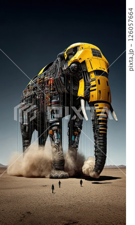 Giant robotic elephant walking on dry cracked earth with engineers observing 126057664