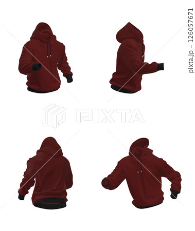 Red Hoodie in Dynamic Poses. Isolated Casual Sweatshirt on White Background. Red Hoodie in Dynamic Poses. Isolated Casual Sweatshirt on White Background. 126057671