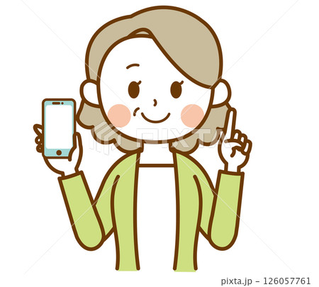 スマホを持って説明しているおばさん、おばあさん、高齢女性のイラスト スマホを持って説明しているおばさん、おばあさん、高齢女性のイラスト 126057761