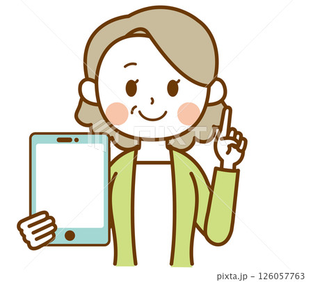 タブレットを持って説明しているおばさん、おばあさん、高齢女性のイラスト 126057763