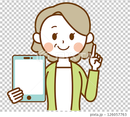 タブレットを持って説明しているおばさん、おばあさん、高齢女性のイラスト 126057763