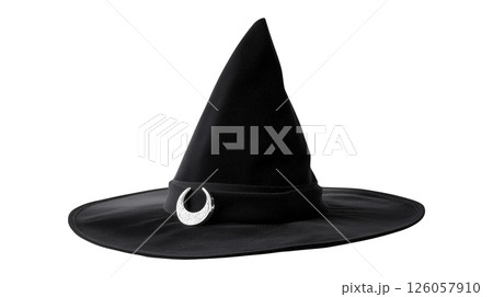 Halloween witch hat featuring silver crescent emblem 126057910