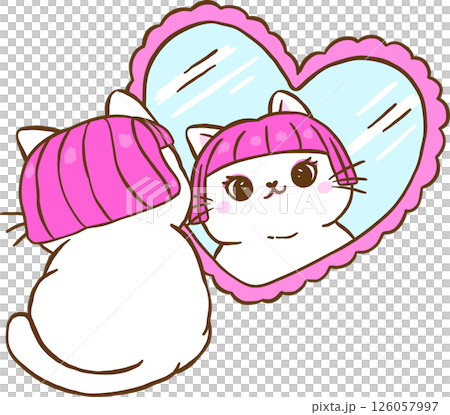 Cute Girly Self Love Cat in Mirror Cartoon Doodle Hand Drawn 126057997