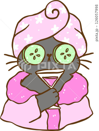Cute  Self Love Cat  doing Spa holding wine Cartoon Doodle Hand Drawn 126057998