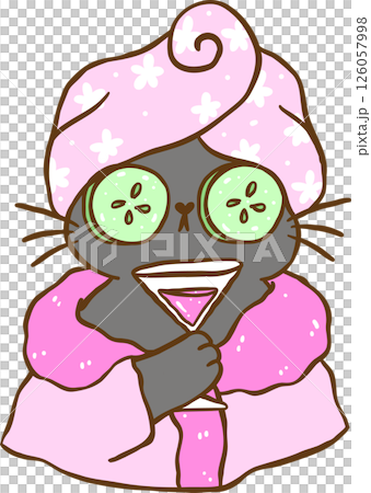 Cute  Self Love Cat  doing Spa holding wine Cartoon Doodle Hand Drawn 126057998