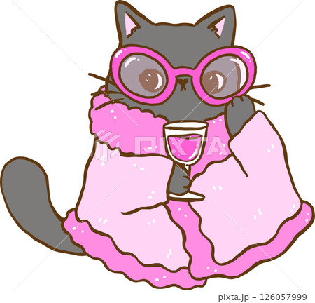 Cute Funny Retro Self Love Cat with wine wear sassy glassses and bathrobe Cartoon Doodle Hand Drawn 126057999