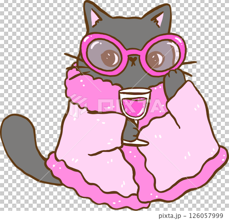 Cute Funny Retro Self Love Cat with wine wear sassy glassses and bathrobe Cartoon Doodle Hand Drawn 126057999