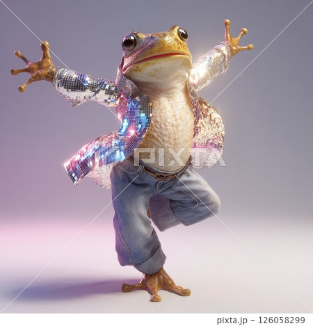 Joyful anthropomorphic frog dancing in a shiny outfit 126058299
