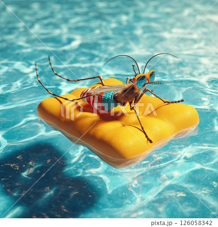 Mosquito wearing sunglasses relaxing on inflatable mattress in swimming pool 126058342