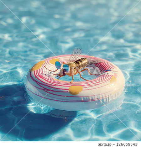 Mosquito wearing sunglasses relaxing on inflatable ring in swimming pool 126058343