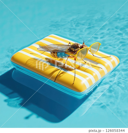 Mosquito wearing sunglasses relaxing on inflatable pool raft in swimming pool 126058344