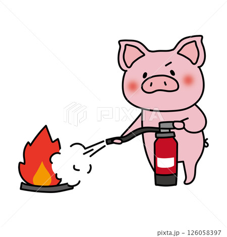 消火器を使って消火の練習をするぶた 126058397