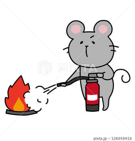 消火器を使って消火の練習をするネズミ 126058418