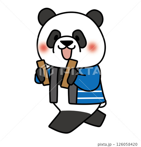 拍子木を持って火の用心の声掛けをしているパンダ 126058420