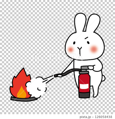 消火器を使って消火の練習をする白いうさぎ 126058438