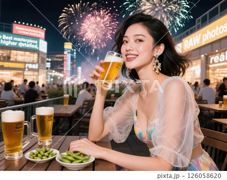ビアガーデンでビールと花火 126058620