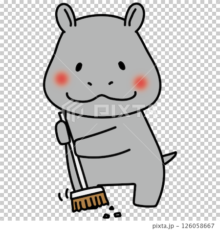 Hippopotamus helping with cleaning with a broom Hippopotamus helping with cleaning with a broom 126058667
