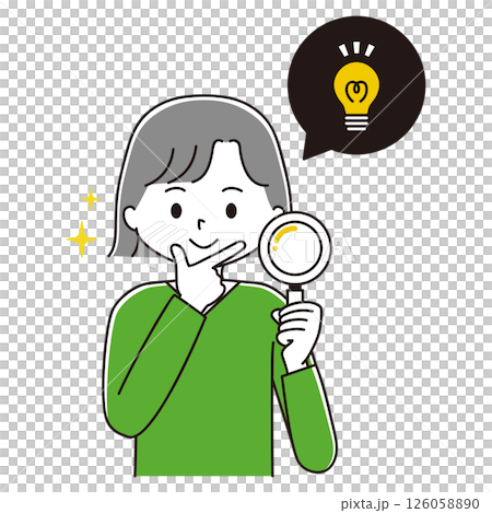 Discover Illustration of a smiling woman holding a magnifying glass - striking a pose 126058890