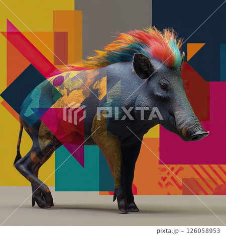 Wild boar with colorful mohawk and geometricのイラスト素材